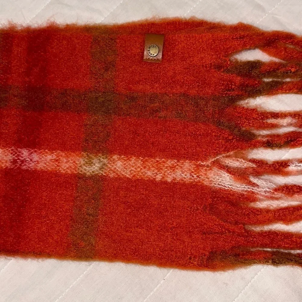 Frye & Co. Rusty Clay Orange Plaid Check Midweight Large Tasseled Blanket Scarf